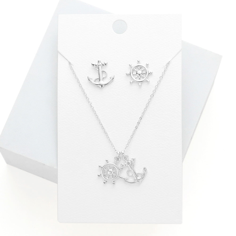 Rhodium Metal Ship Wheel Anchor Pendant Necklace