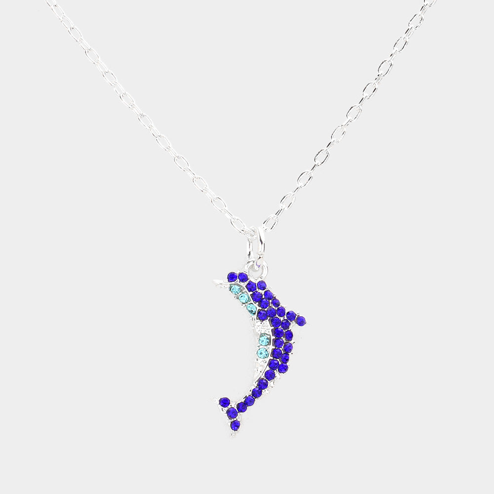 Madeline Love Blue, Silver Rhinestone Embellished Dolphin Pendant Necklace - Necklaces