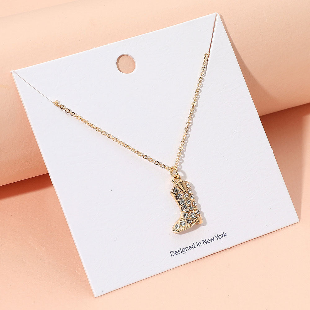 Madeline Love Clear, Gold Rhinestone Embellished Western Boot Pendant Necklace - Jewelry