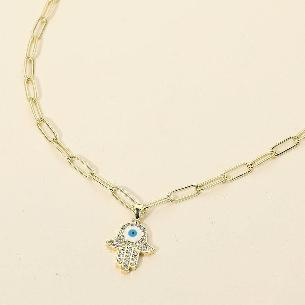 Madeline Love Gold Stainless Steel CZ Stone Paved Evil Eye Hamsa Hand Pendant Paperclip Chain Necklace - Jewelry