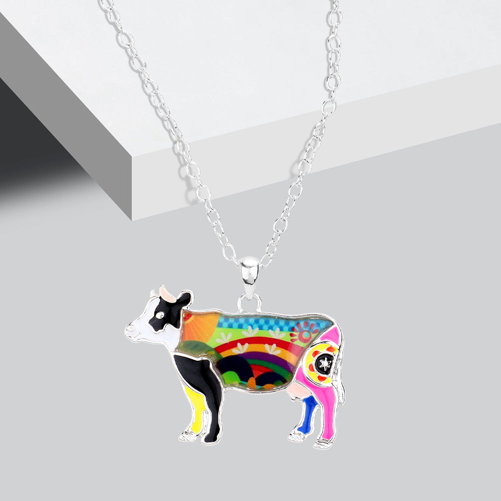 Madeline Love Multi Flower Patterned Cow Pendant Necklace - Necklaces