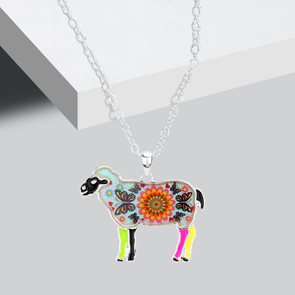 Madeline Love Multi Flower Butterfly Patterned Sheep Pendant Necklace - Necklaces