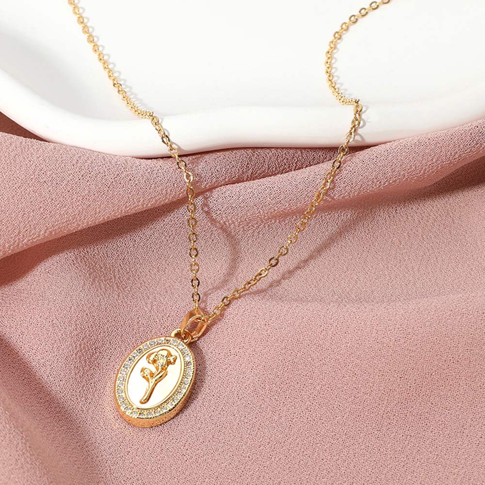 Madeline Love Gold, Mother of Pearl Gold Dipped CZ Stone Paved Tulip Flower Embossed Mother of Pearl Oval Pendant Necklace - Jewelry