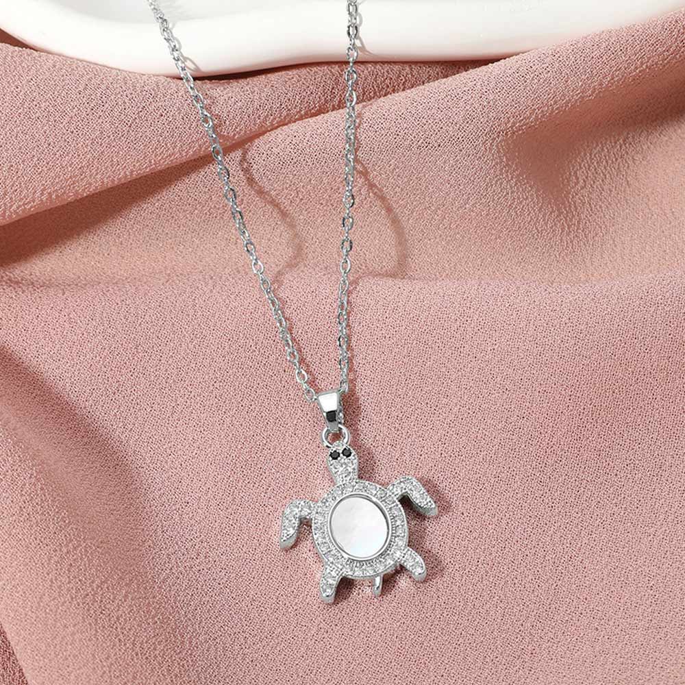 Madeline Love Mother of Pearl, Silver Stainless Steel Stone Paved Mother of Pearl Turtle Pendant Necklace - Jewelry