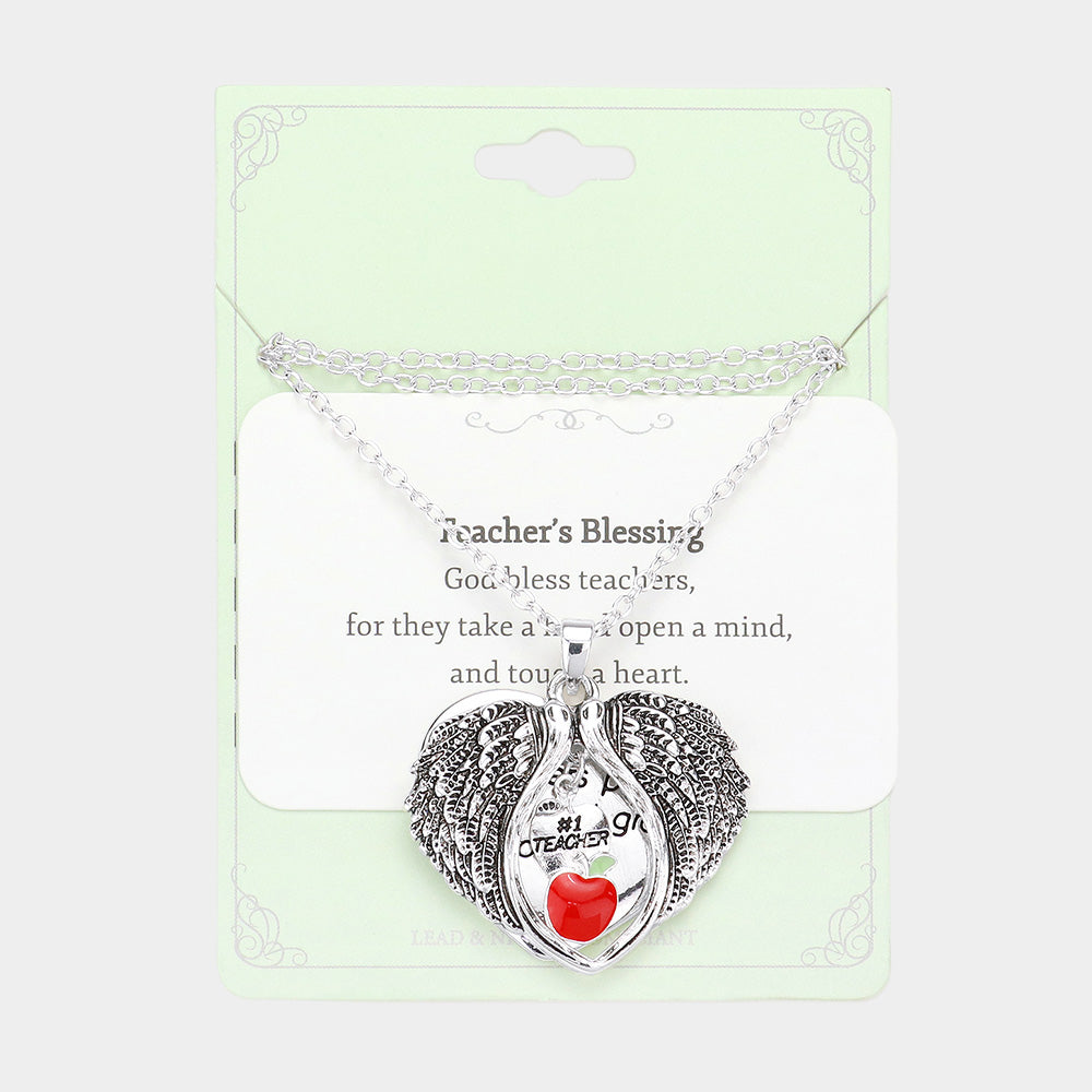 Madeline Love Antique Silver Teacher's Blessing No.1 Teacher Message Enamel Apple Pointed Angel Wings Pendant Necklace - Necklaces