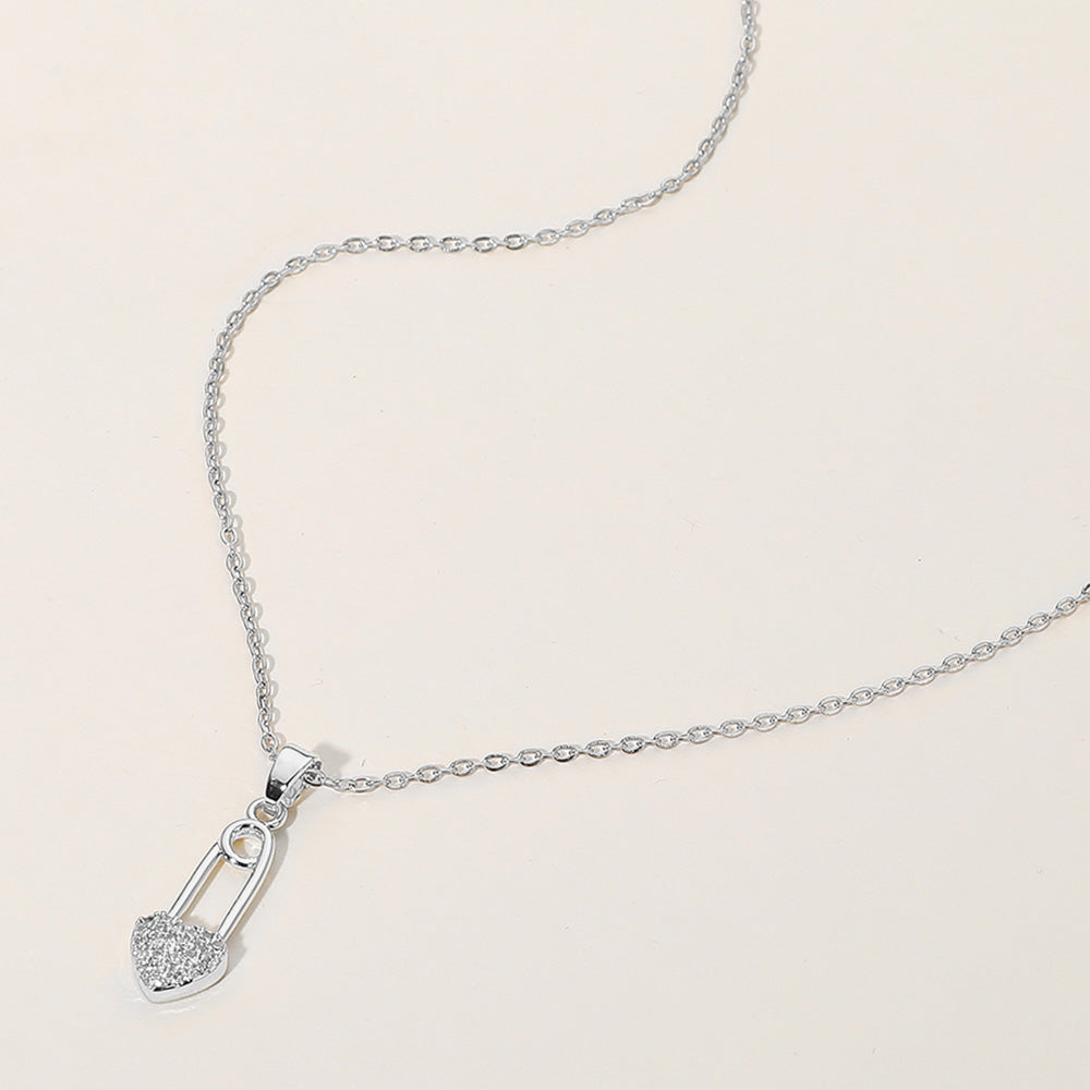 Madeline Love Clear, Silver Stainless Steel Stone Paved Heart Safety Pin Pendant Necklace - Jewelry
