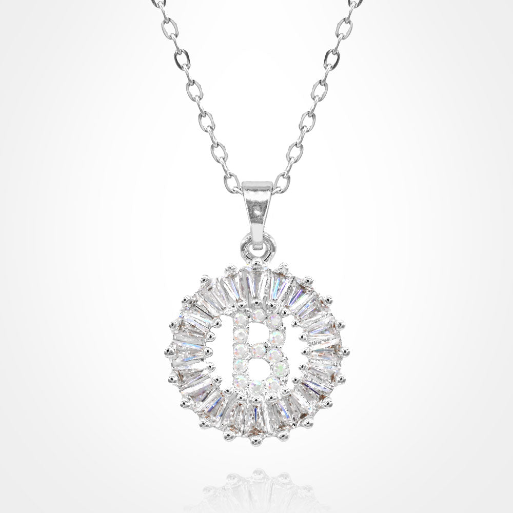 Madeline Love Silver, ~B~ -B- Stainless Steel CZ Stone Embellished Round Initial Monogram Pendant Necklace - Jewelry