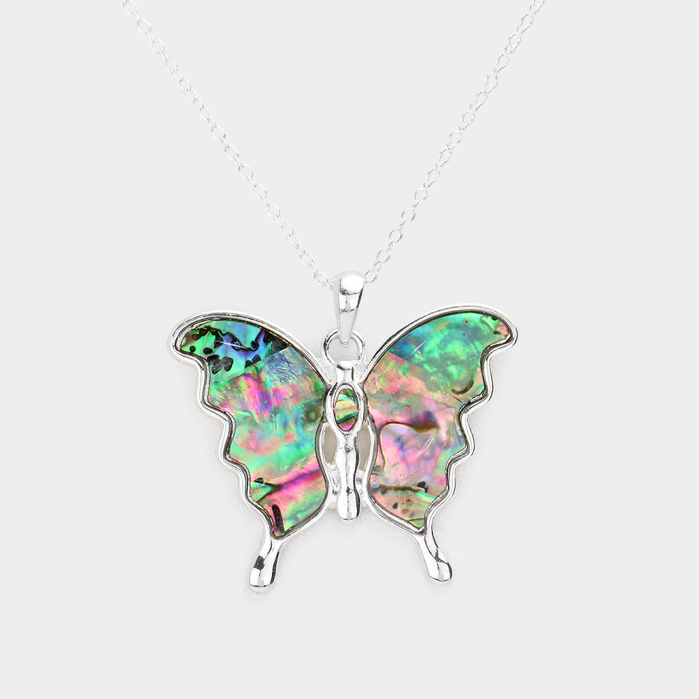 Madeline Love Abalone, Silver Abalone Embossed Metal Butterfly Pendant Necklace - Necklaces