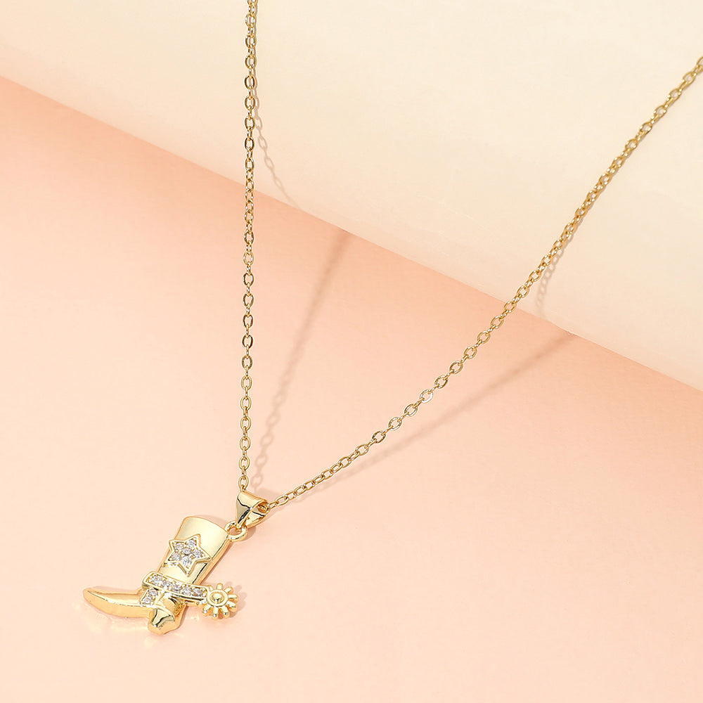 Madeline Love Gold Stainless Steel CZ Stone Paved Star Accent Cowboy Boot Charm Pendant Necklace - Jewelry