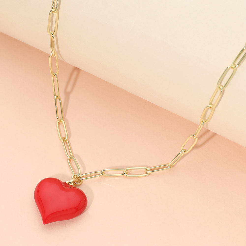 Madeline Love Gold Glossy Heart Pendant Stainless Steel Paperclip Chain Necklace - Jewelry