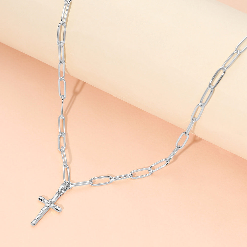 Madeline Love Silver Stainless Steel Cross Pendant Paperclip Chain Necklace - Jewelry