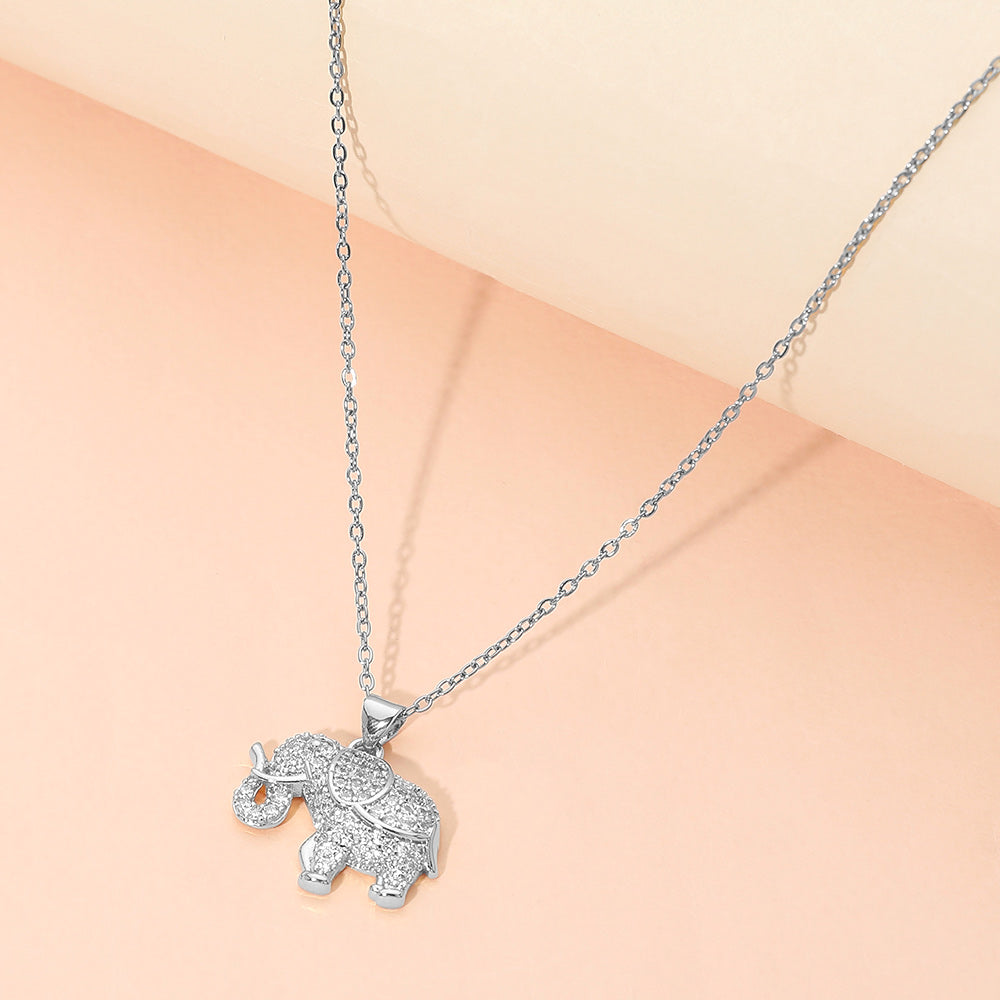 Madeline Love Silver Stainless Steel CZ Stone Paved Elephant Charm Pendant Necklace - Jewelry