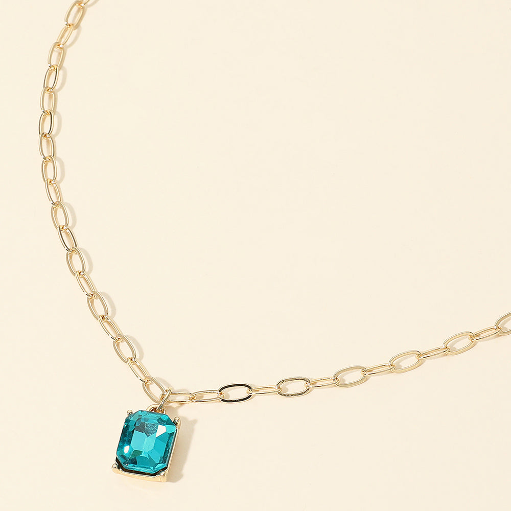 Madeline Love Aqua, Gold Faceted Rectangular Gem Pendant Paperclip Chain Necklace