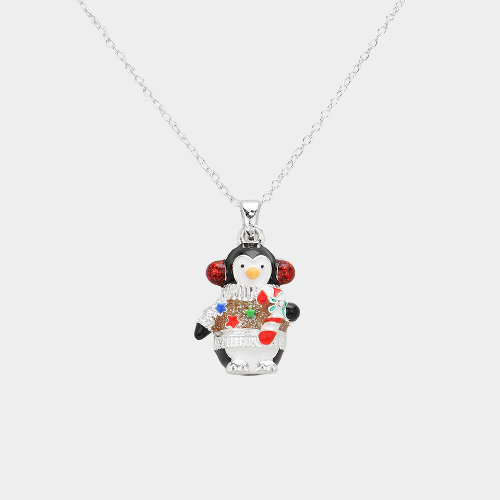 Madeline Love Multi, Silver Enamel Christmas Penguin Pendant Necklace - Jewelry