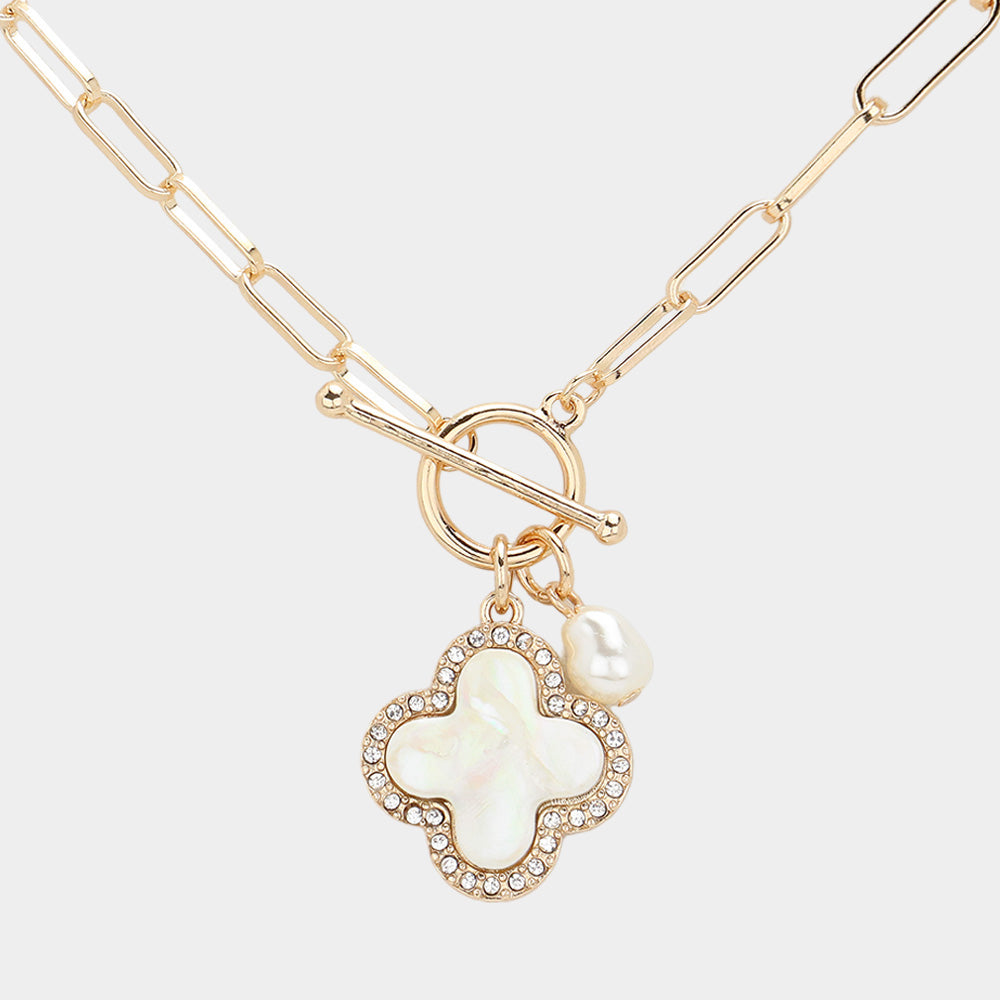 Madeline Love Gold, Mother of Pearl Mother Of Pearl Quatrefoil Pendant Paperclip Chain Toggle Necklace - Necklaces