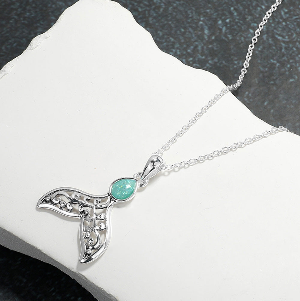 Madeline Love Antique Silver, Mint Sea Glass Pointed Metal Whale Tale Pendant Necklace - Jewelry