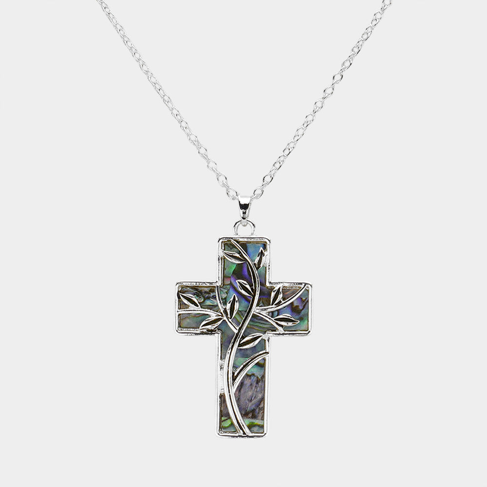 Madeline Love Abalone, Antique Silver Leaf Vine Pointed Abalone Cross Pendant Necklace - Jewelry
