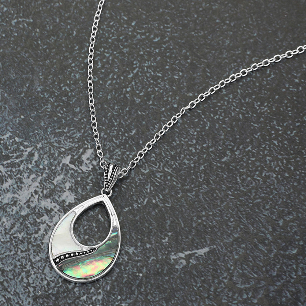 Madeline Love Abalone, Antique Silver, Mother of Pearl Abalone Mother of Pearl Open Teardrop Pendant Necklace - Jewelry