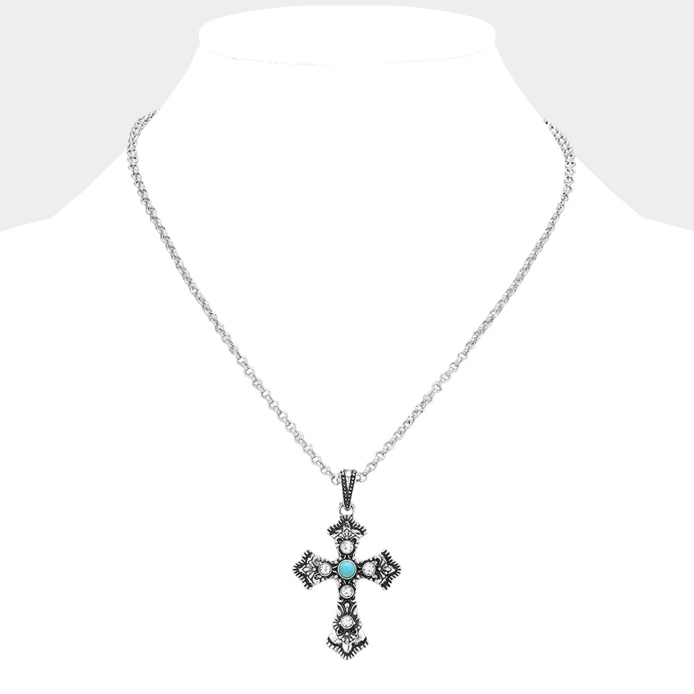 Madeline Love Silver Burnished, Turquoise Natural Stone Pointed Western Cross Pendant Necklace - Hair Accessories - desc