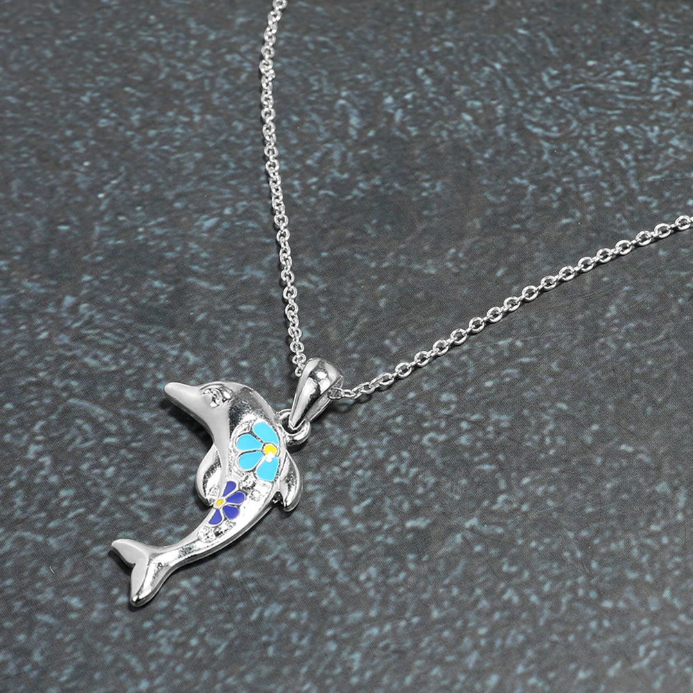 Madeline Love Multi, Silver Enamel Flower Dolphin Pendant Necklace - Jewelry