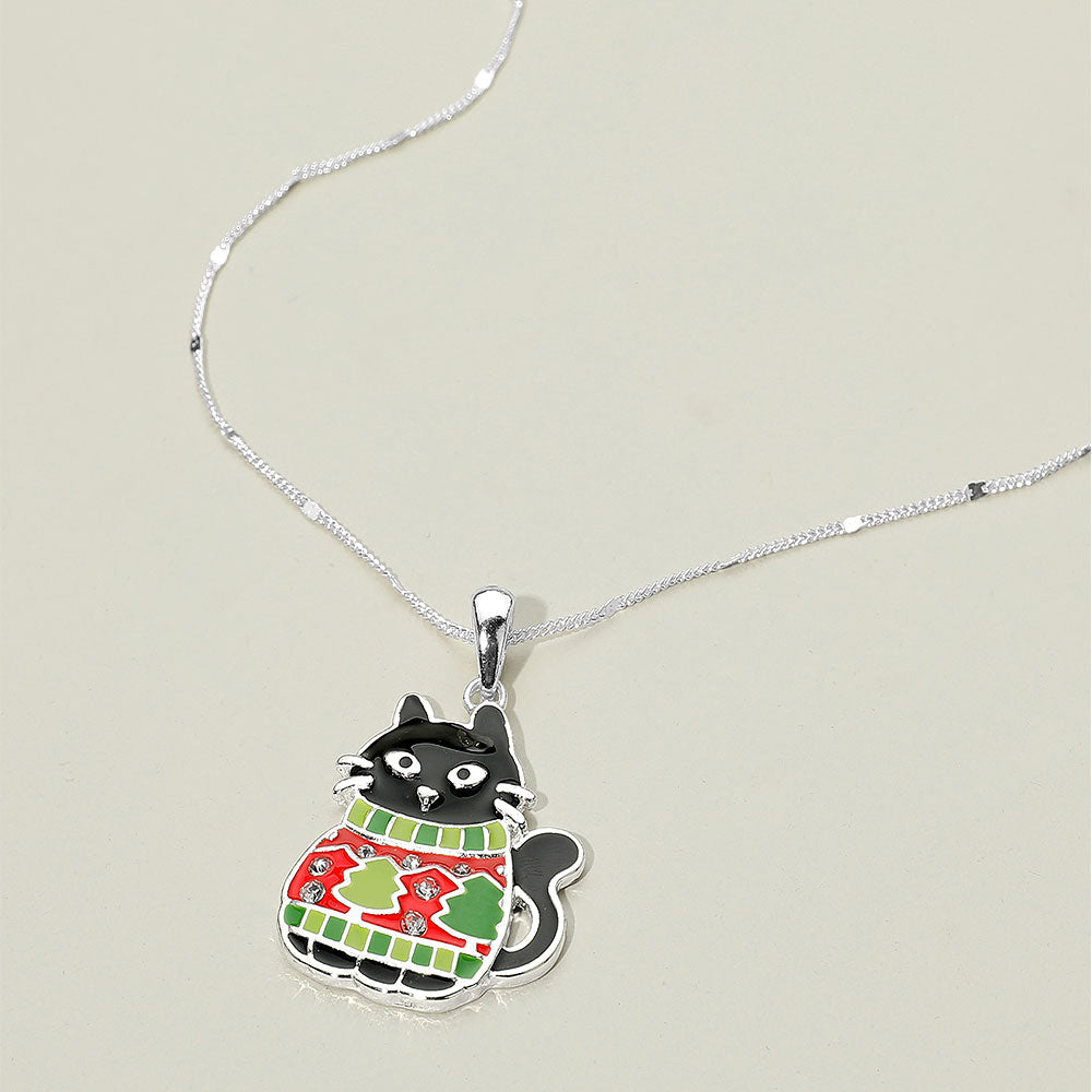 Multi Silver Christmas Sweater Black Cat Pendant Necklace