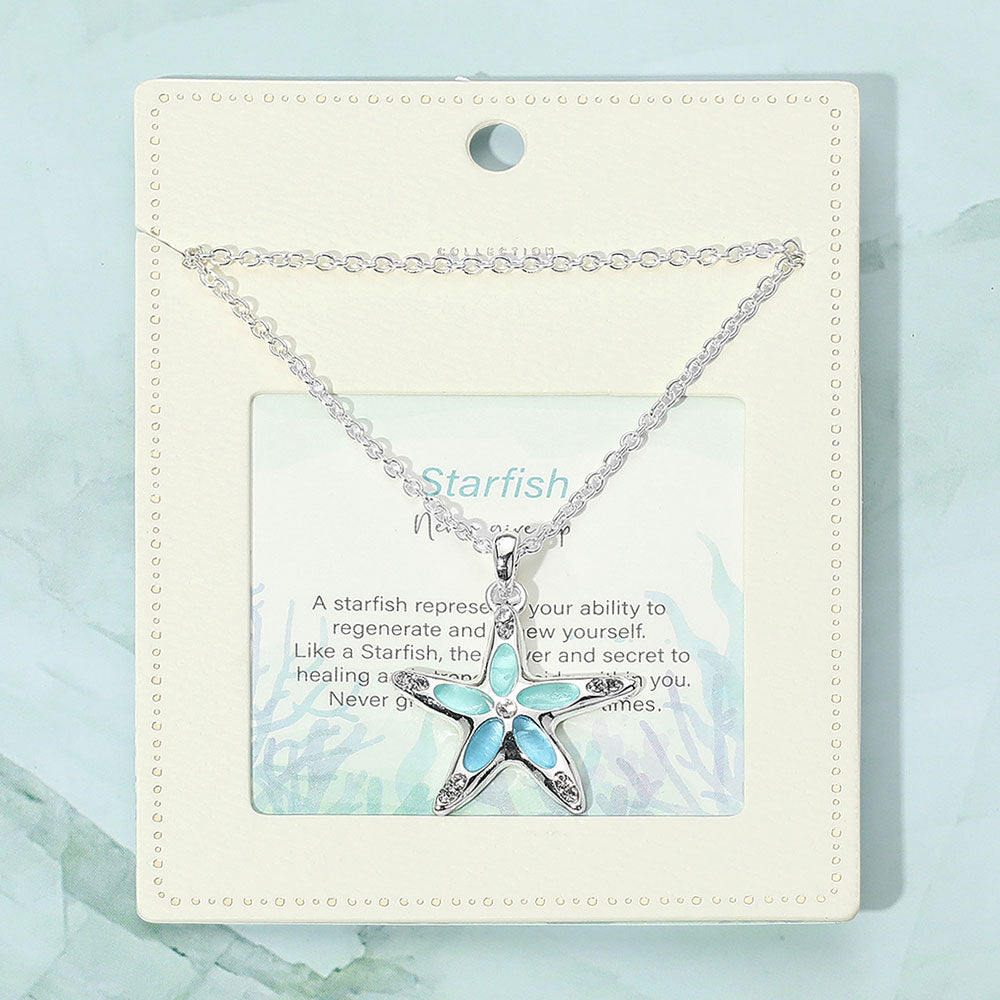 Blue, Silver Sea Glass Starfish Pendant Necklace