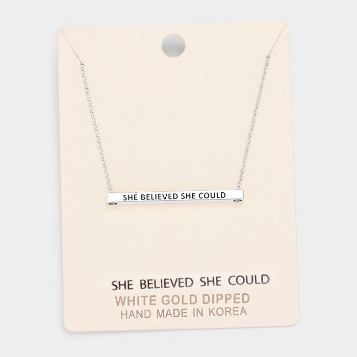 Madeline Love Rhodium, White Gold 'She Believed She Could' Horizontal Metal Bar Pendant Necklace - Necklaces