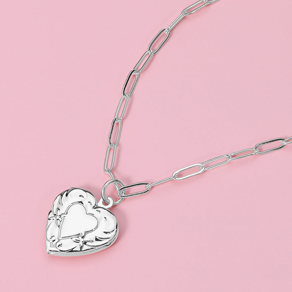 Madeline Love Rhodium Metal Heart Locket Pendant Paperclip Chain Necklace - Necklaces
