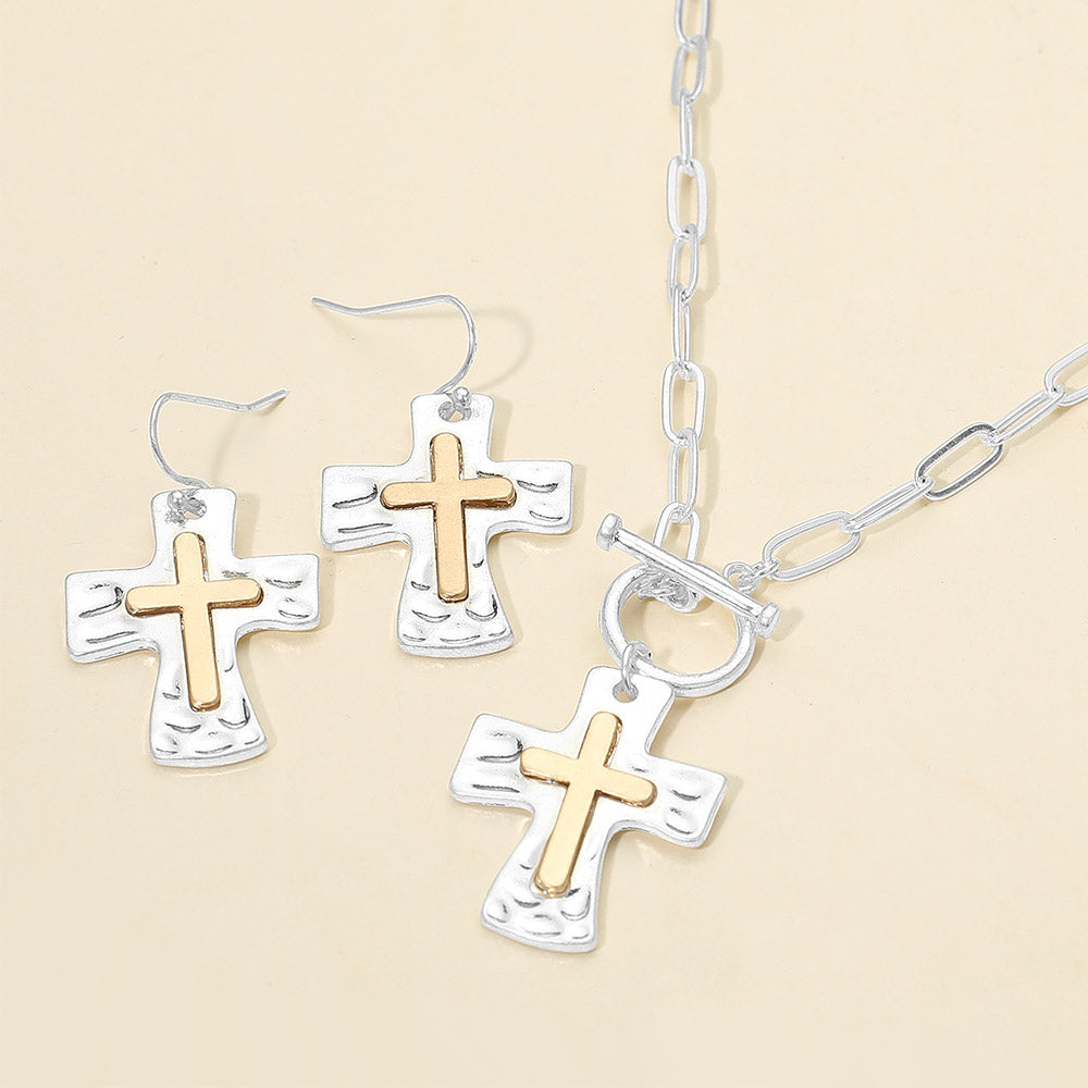 Madeline Love Two Tone, Worn Silver Brushed Hammered Metal Cross Pendant Paperclip Chain Toggle Necklace - Jewelry