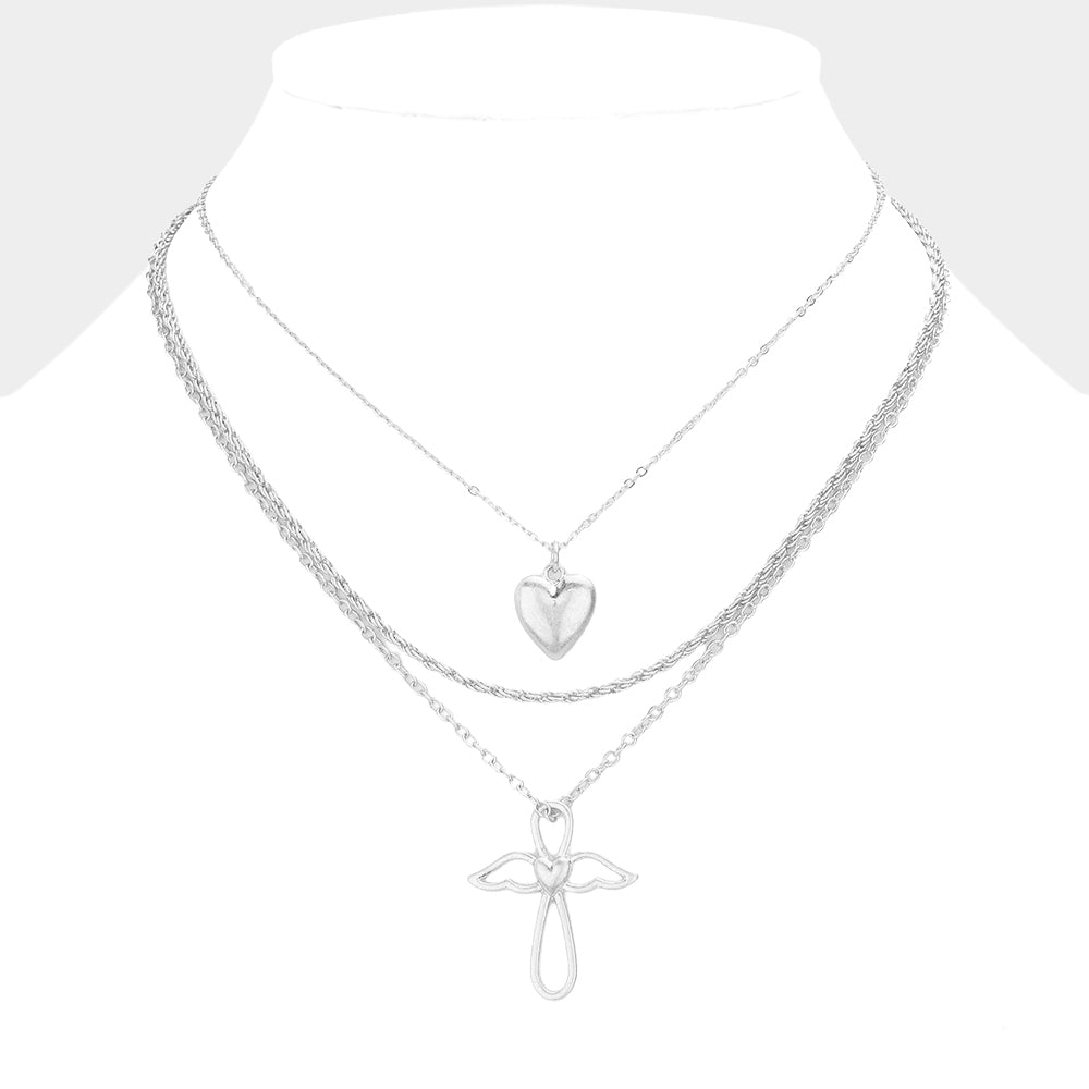 Madeline Love Worn Silver 3PCS - Metal Heart Angel Wing Cross Pendant Necklaces