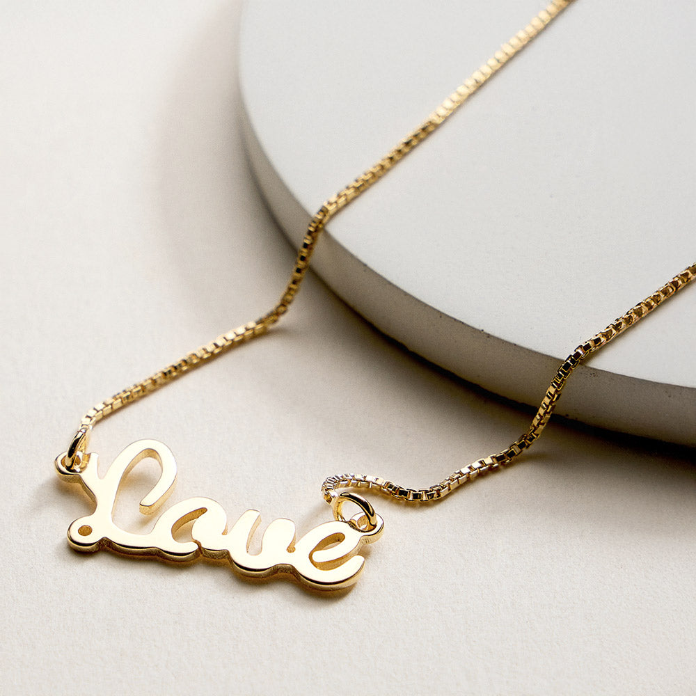 Madeline Love Gold 18K Gold Filled Script LOVE Name Plate Pendant Necklace - Necklaces