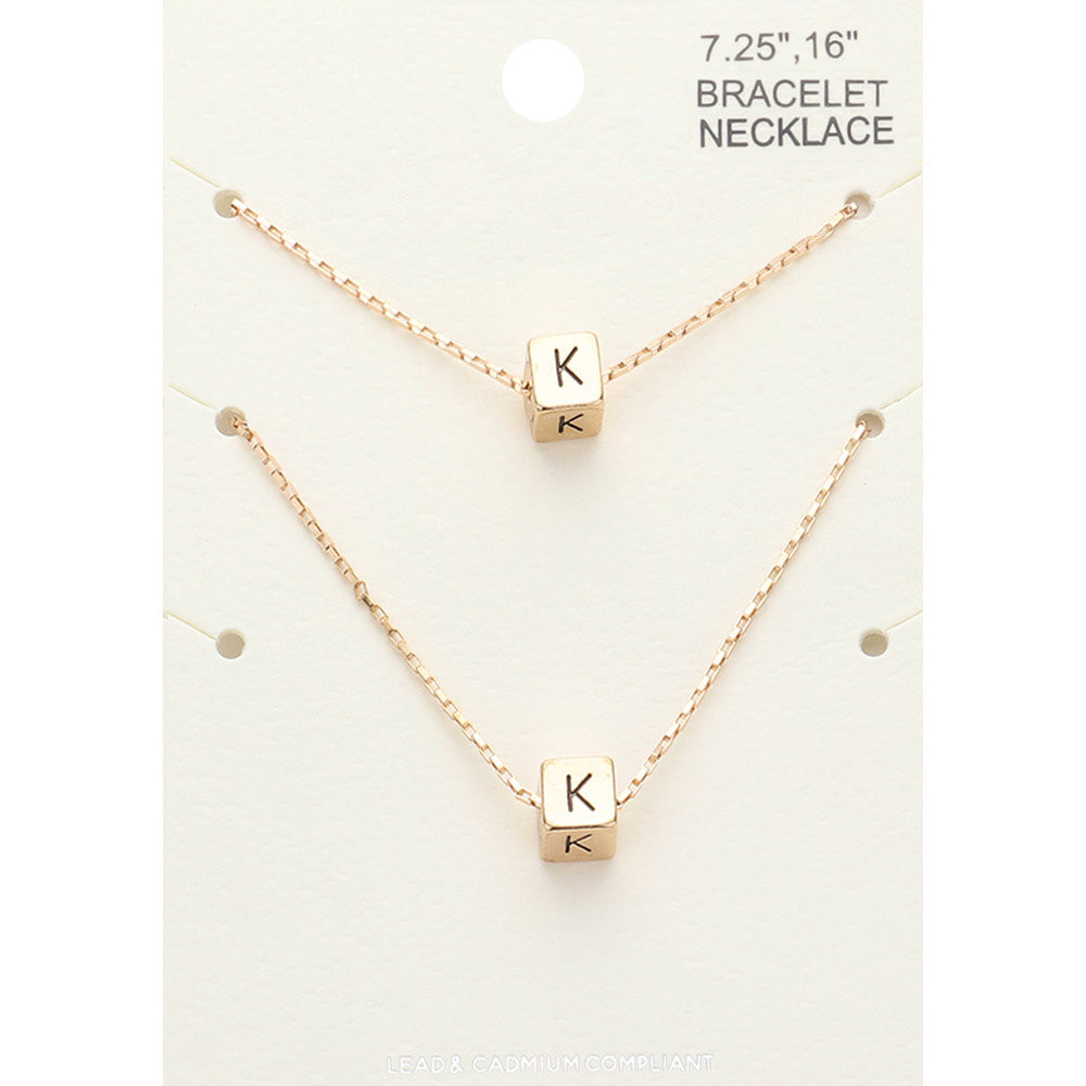Madeline Love Gold 2PCS - -K- Initial Monogram Metal Cube Pendant Necklace / Bracelet Set - Bracelets