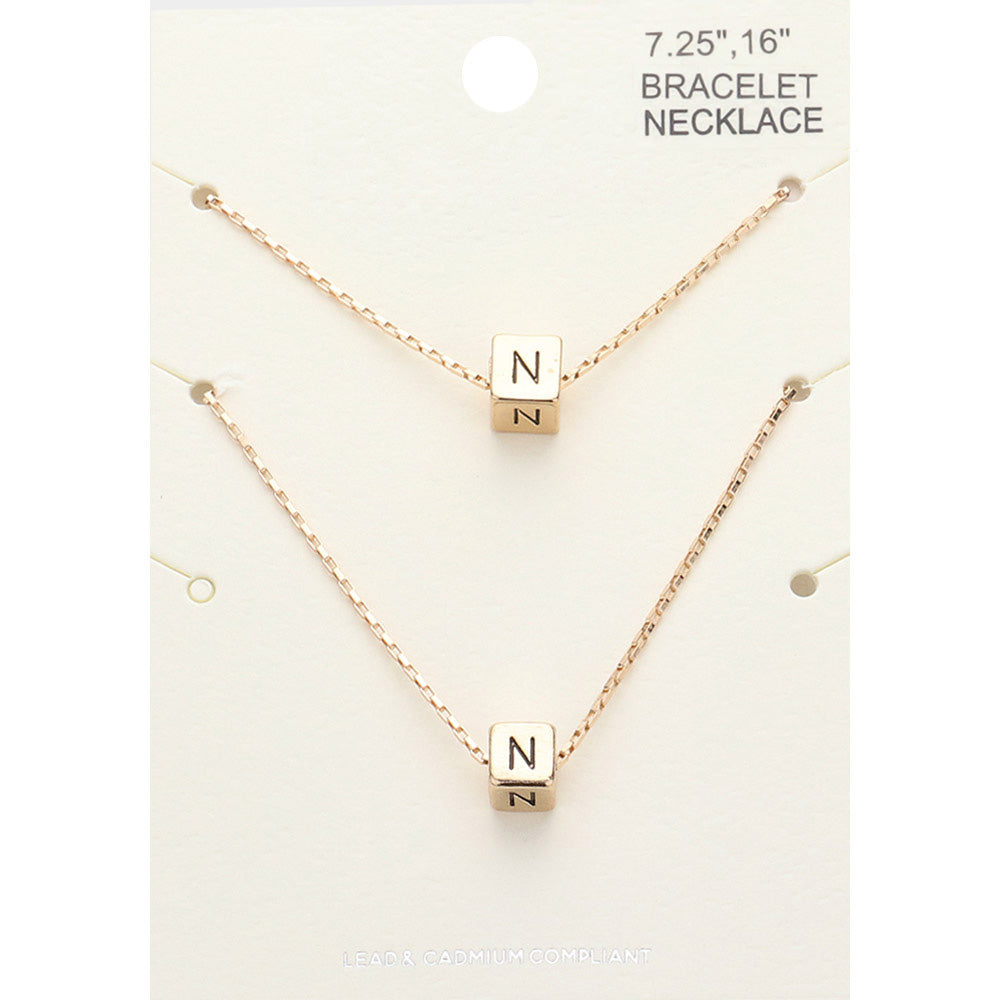 Madeline Love Gold 2PCS - -N- Initial Monogram Metal Cube Pendant Necklace / Bracelet Set - Bracelets