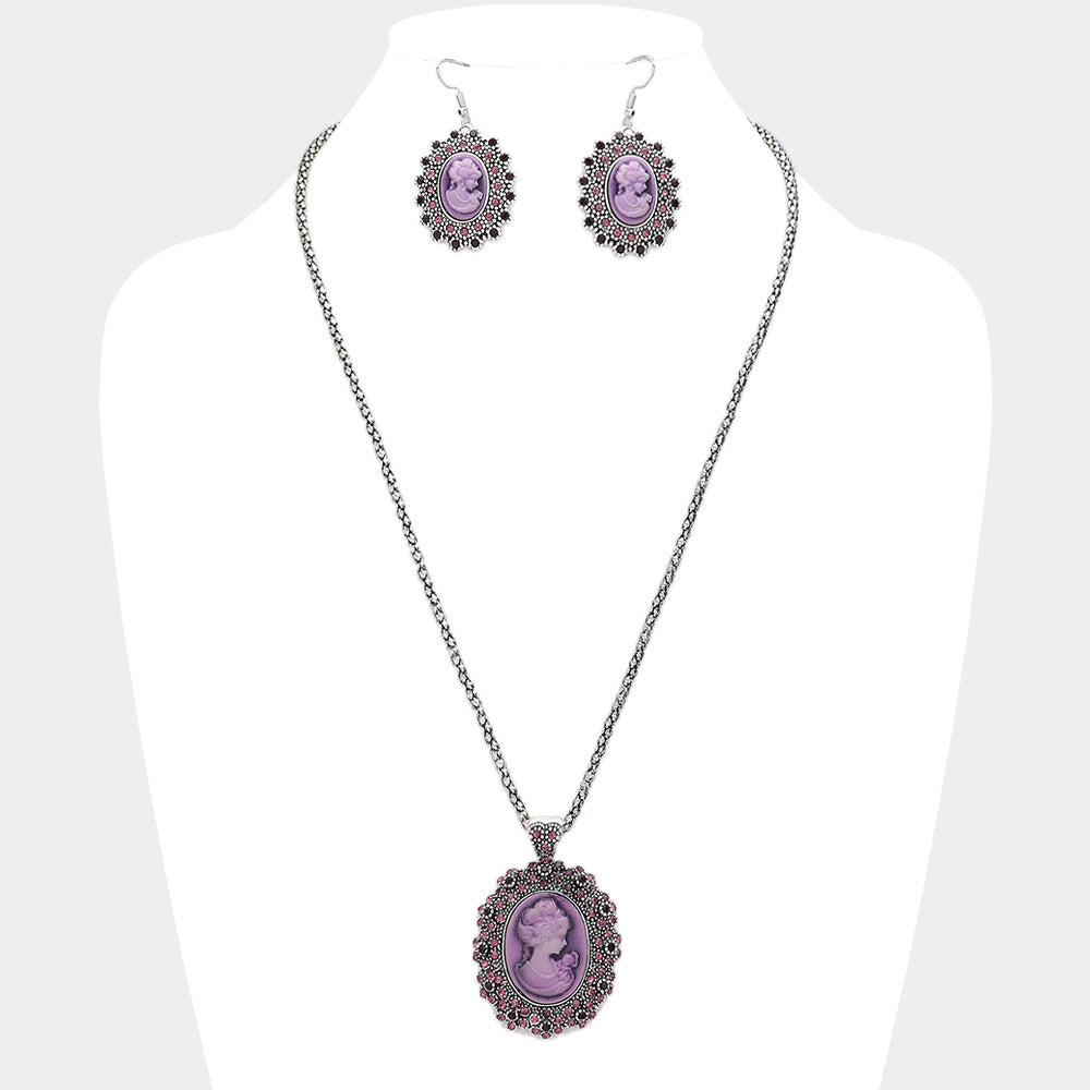 Madeline Love Purple Rhinestone Paved Cameo Pointed Pendant Necklace - Jewelry