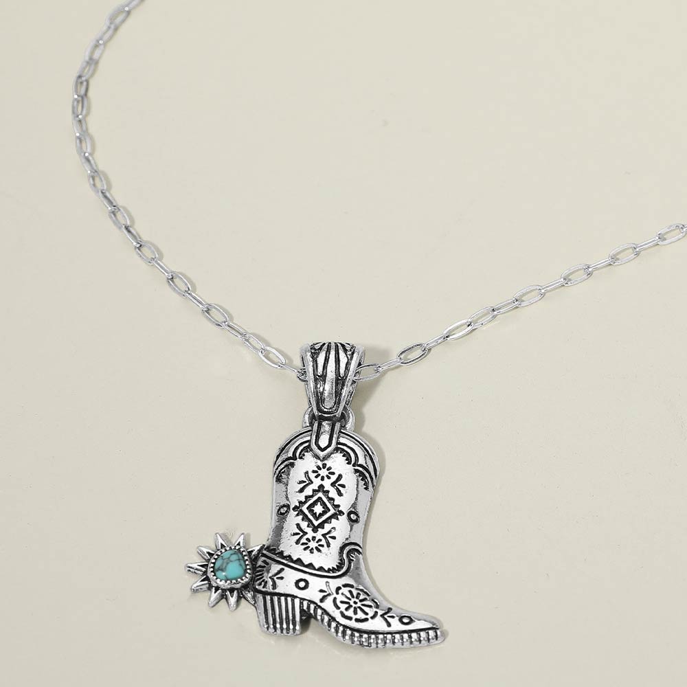 Madeline Love Silver Burnished, Turquoise Turquoise Stone Accent Western Cowboy Boot Pendant Necklace - Jewelry