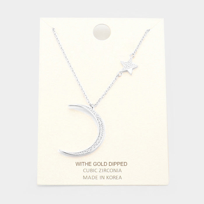 Madeline Love Clear, Rhodium White Gold Dipped Cubic Zirconia Moon Star Pendant Necklace - Necklaces