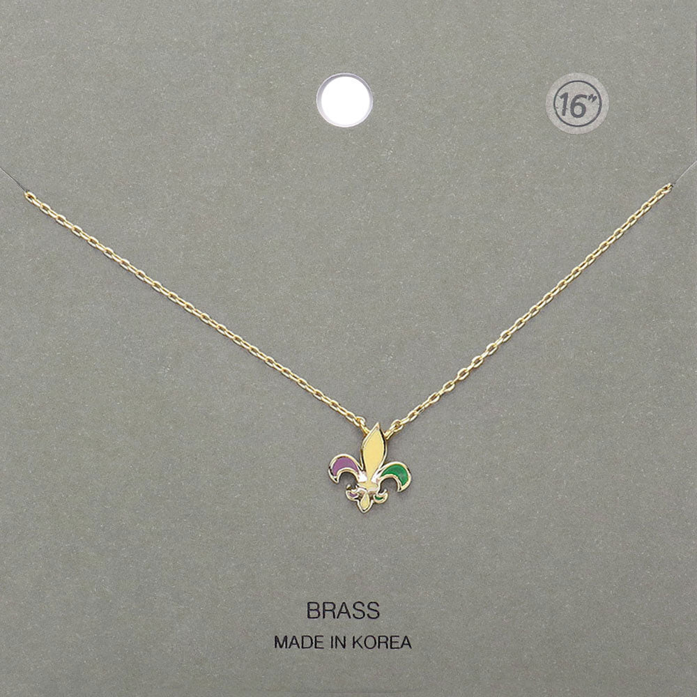 Gold, Multi Mardi Gras Brass Metal Enamel Fleur de Lis Pendant Necklace