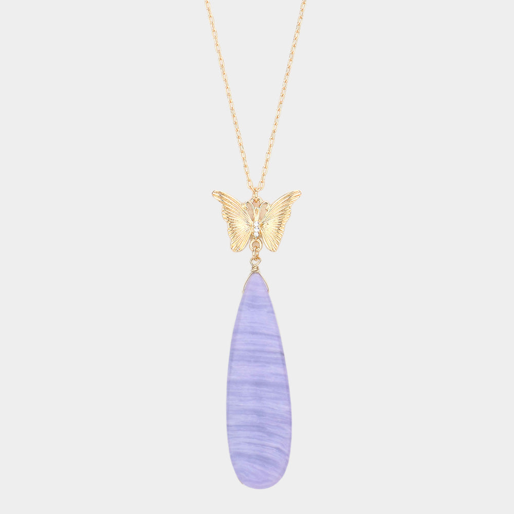 Madeline Love Blue Butterfly Natural Stone Teardrop Link Pendant Long Necklace - Necklaces