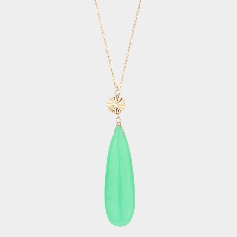 Madeline Love Green Textured Metal Round Natural Stone Teardrop Link Pendant Long Necklace - Necklaces