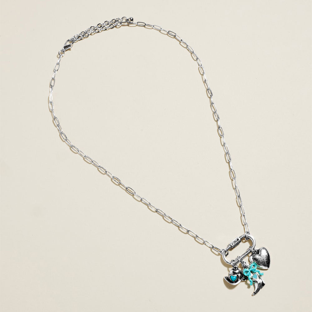 Madeline Love Silver Burnished, Turquoise Western Cowboy Hat Boot Bow Heart Charm Pendant Necklace - Jewelry