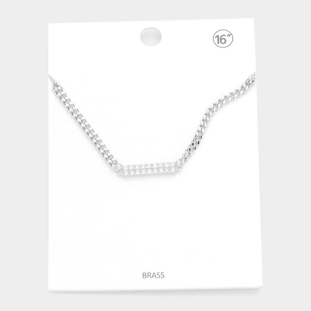 Madeline Love Rhodium Rhinestone Embellished Brass Metal Bar Pendant Necklace - Necklaces