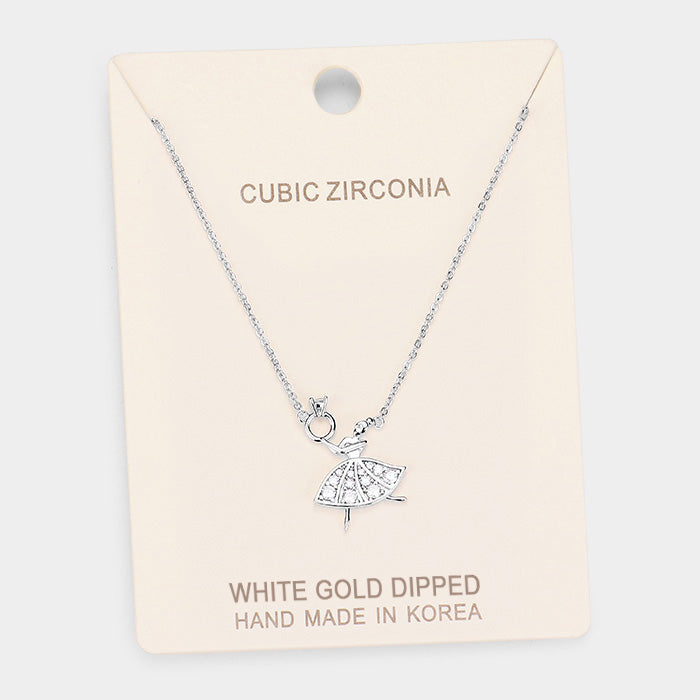 Madeline Love Clear, Rhodium White Gold Dipped Cubic Zirconia Ballerina Pendant Necklace - Necklaces