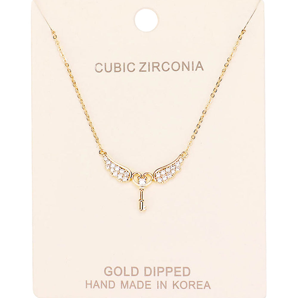 Madeline Love Clear, Gold Gold Dipped CZ Angel Wings Key Pendant Necklace - Necklaces