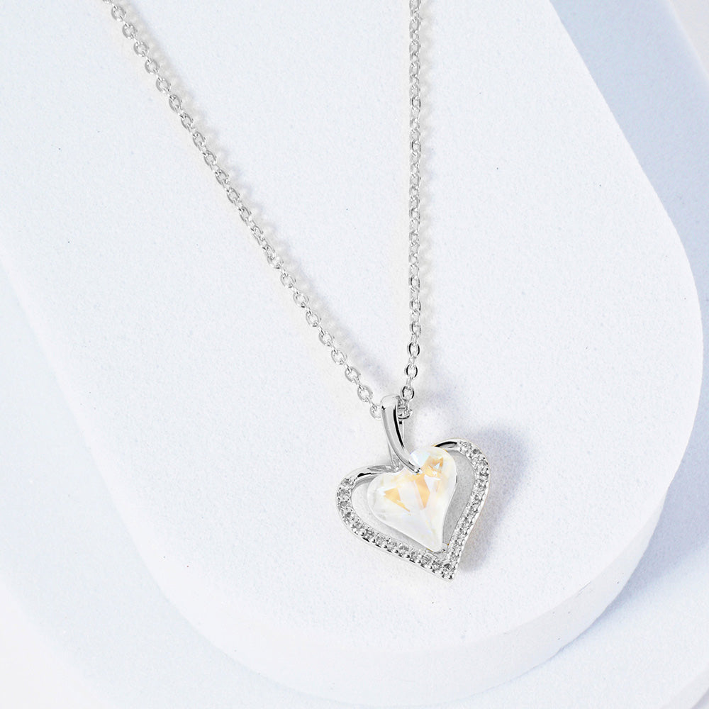 Madeline Love Clear, Rhodium White Gold Dipped CZ Stone Paved Heart Stone Pedant Necklace - Jewelry