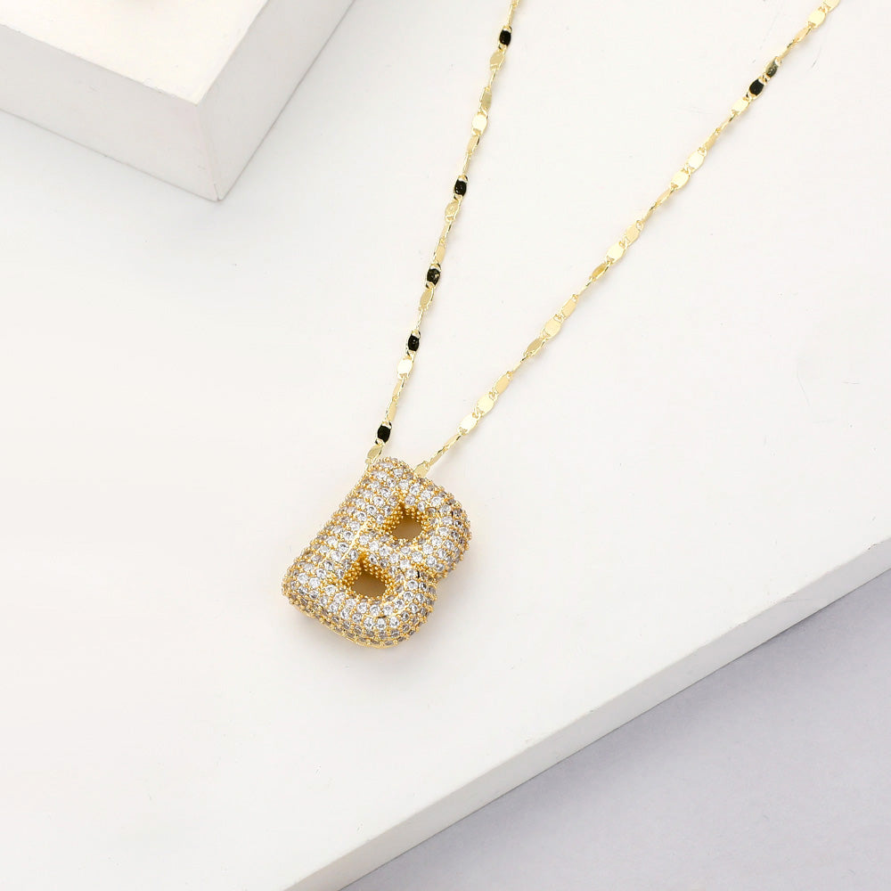 Madeline Love Gold -B- Gold Dipped CZ Stone Paved Initial Monogram Pendant Necklace - Necklaces