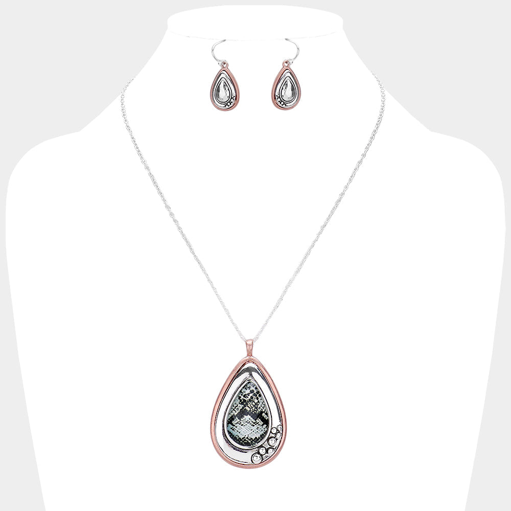 Madeline Love Black, Rhodium, Rose Gold Snake Skin Print Centered Teardrop Metal Pendant Necklace - Jewelry