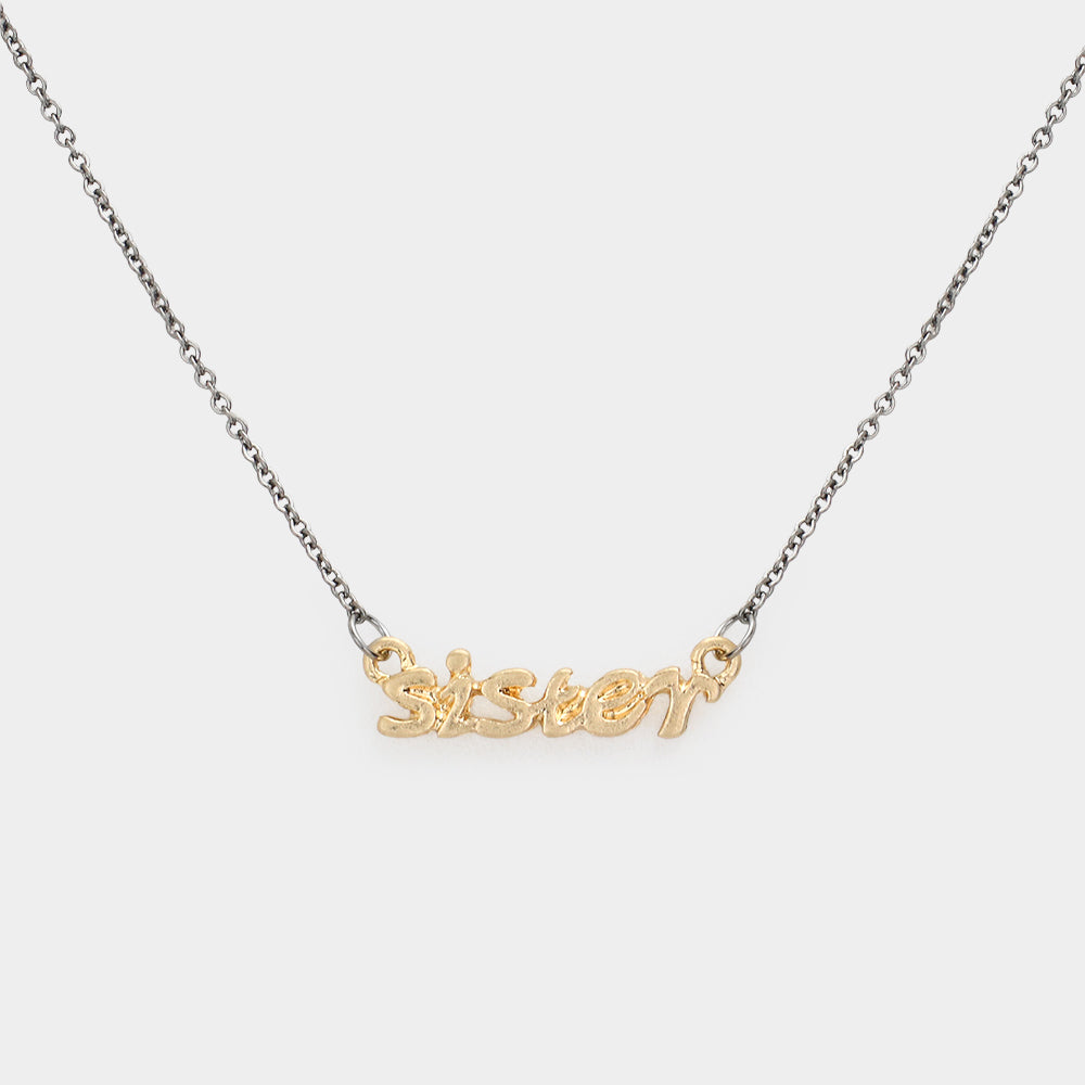 Madeline Love Gold, Hematite "Sister" Script Pendant Necklace - Necklaces