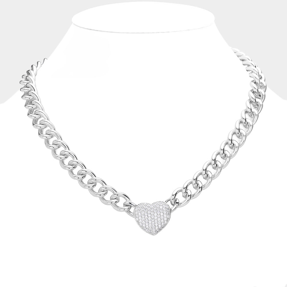 CZ Stone Paved Heart Pendant Toggle Necklace - Rhodium - Necklaces