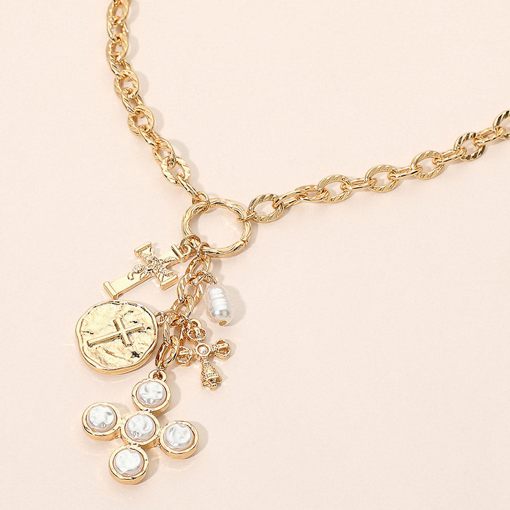 Madeline Love Cream, Gold Pearl Symbolic Cross Charm Drop PEndant Necklace