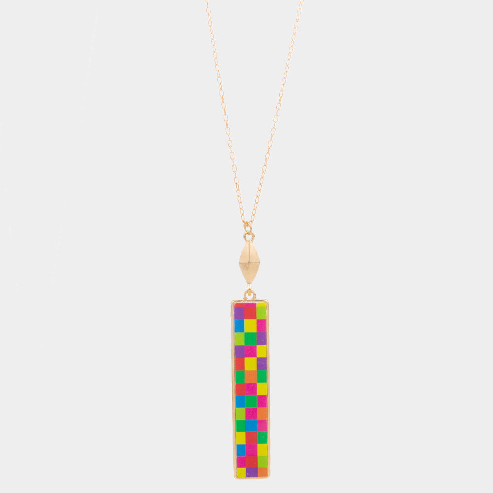 Madeline Love Multi Checkerboard Rectangle Pendant Long Necklace - Necklaces